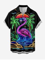 Chemise hawaïenne grande taille pour homme, à imprimé flamants roses, cocotiers et soleil, boutons et poche. - Noir L