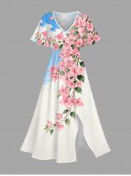 Flowers Leaf Cloud Print Split Hawaii Midi Dress -  