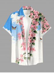 Chemise hawaïenne grande taille pour homme, à imprimé papillons, fleurs, feuilles et nuages, boutons et poche. - Bleu Ciel L