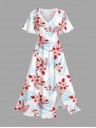 Plus Size Hibiscus Flower Tropical Leaf Print Split Hawaii Midi Dress -  