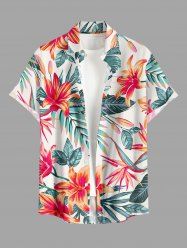 Chemise hawaïenne grande taille pour homme, à imprimé tropical floral et feuilles, boutons et poche. - Blanc M