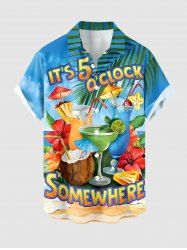 Plus Size Hibiscus Flower Coconut Tropical Leaf Juice Print Hawaii Buttons Pocket Shirt For Men -  
