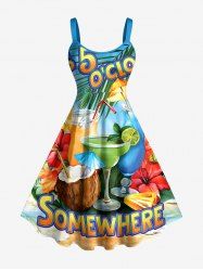 Robe trapèze hawaïenne grande taille à imprimé fleurs d'hibiscus, noix de coco et feuilles tropicales - Bleu Ciel XXS