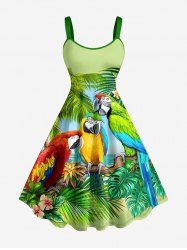 Robe trapèze hawaïenne à imprimé tropical avec cocotier et perroquet, grande taille - Vert 3X