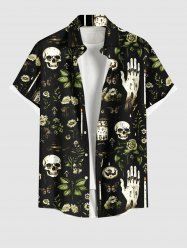 Plus Size Skull Hand Floral Leaf Candle Print Halloween Button Pocket Shirt For Men -  