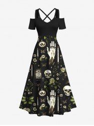 Plus Size Skull Hand Floral Leaf Candle Print Halloween Costume Crisscross A Line Maxi Dress -  