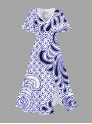 Robe midi trapèze à imprimé floral hawaïen grande taille avec poches fendues - Bleu 2X