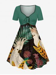 Tropical Leaf Flower Parrot Print Hawaii Cinched A Line Dress -  M