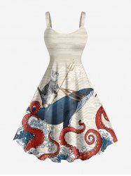 Shark Cat Octopus Sea Waves Print Hawaii A Line Dress -  