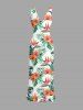 Tropical Leaf Flower Print Hawaii Ruffles Split Dress -  