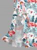 Robe hawaïenne à volants, fente et décolleté cache-cœur, ornée de flamants roses, de perroquets et d'hibiscus. - Bleu XS