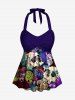 Plus Size Skull Mushroom Tropical Leaf Print Hawaii Twist Halter Boyleg Tankini Swimsuit -  