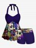 Maillot de bain tankini grande taille à imprimé tropical et tête de mort, champignon et feuilles, style hawaïen, dos nu, jambes courtes. - Pourpre  2X