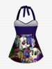 Plus Size Skull Mushroom Tropical Leaf Print Hawaii Twist Halter Boyleg Tankini Swimsuit -  