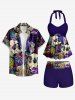 Maillot de bain tankini grande taille à imprimé tropical et tête de mort, champignon et feuilles, style hawaïen, dos nu, jambes courtes. - Pourpre  4X