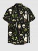 Plus Size Skull Hand Floral Leaf Candle Print Halloween Button Pocket Shirt For Men -  