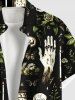 Plus Size Skull Hand Floral Leaf Candle Print Halloween Button Pocket Shirt For Men -  