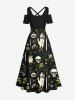 Robe longue à imprimé floral, feuilles et tête de mort grande taille, style bougie, pour Halloween - Noir 5X