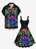 Robe débardeur hawaïenne grande taille à imprimé flamants roses, cocotiers et soleil - Noir XS