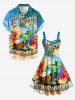 Robe trapèze hawaïenne grande taille à imprimé fleurs d'hibiscus, noix de coco et feuilles tropicales - Bleu Ciel XXS