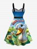 Robe trapèze grande taille à imprimé soleil et canards mignons, style hawaïen, boutonnée et avec ceinture amovible - Bleu L