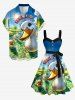 Robe trapèze grande taille à imprimé soleil et canards mignons, style hawaïen, boutonnée et avec ceinture amovible - Bleu L