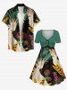 Tropical Leaf Flower Parrot Print Hawaii Cinched A Line Dress -  M