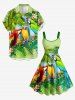 Robe trapèze hawaïenne à imprimé tropical avec cocotier et perroquet, grande taille - Vert 3X