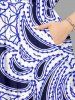 Robe midi trapèze à imprimé floral hawaïen grande taille avec poches fendues - Bleu 2X