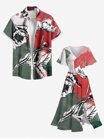 Ensemble de plage hawaïen assorti grande taille à imprimé floral et feuilles pour couples - GREEN