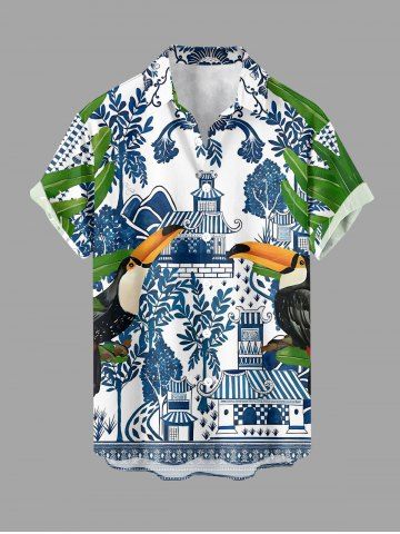 Plus Size Toucans Tropical Leaf Blue and White Porcelain Style Print Hawaii Shirt For Men - BLUE - 2XL