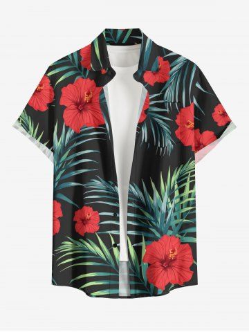 Chemise hawaïenne grande taille pour homme, à imprimé floral tropical et feuilles d'hibiscus, boutons et poche. - BLACK - M