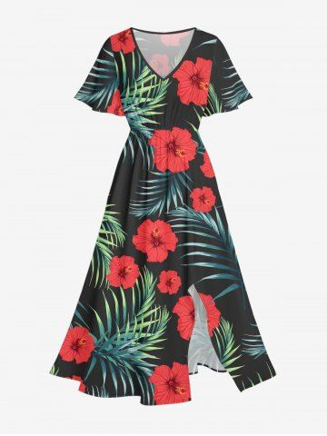 Robe midi hawaïenne fendue à imprimé feuilles tropicales et fleurs d'hibiscus (grande taille) - BLACK - XS