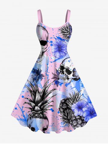 Plus Size Skull Hibiscus Flower Pineapple Paint Splatter Print Hawaii Tank Dress - PINK - L