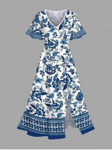 Robe mi-longue hawaïenne fendue à imprimé floral bleu et blanc en porcelaine grande taille - WHITE - XS