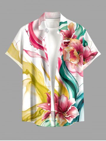 Plus Size Watercolor Ribbon Flower Print Hawaii Button Pocket Shirt For Men - WHITE - L