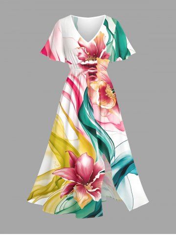 Robe midi trapèze grande taille à imprimé floral aquarelle et ruban hawaïen avec poche fendue - WHITE - 2X