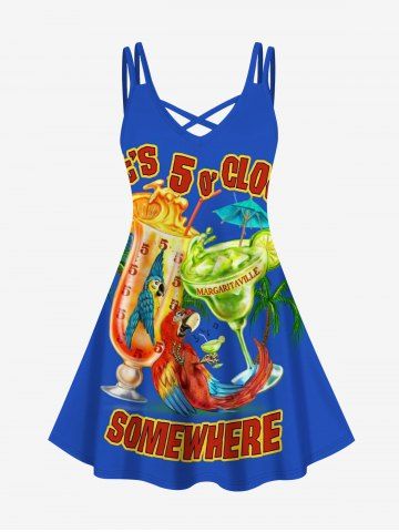 Plus Size Parrot Fruit Juice Coconut Tree Print Crisscross Hawaii Cami Dress - BLUE - L