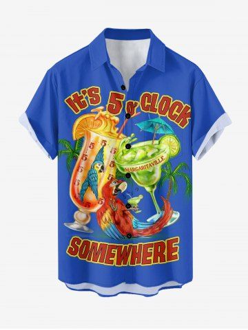 Plus Size Parrot Fruit Juice Coconut Tree Print Buttons Pocket Hawaii Shirt For Men - BLUE - L