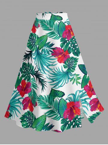 Jupe hawaïenne fendue à imprimé de feuilles tropicales et fleurs d'hibiscus grande taille - GREEN - 1X