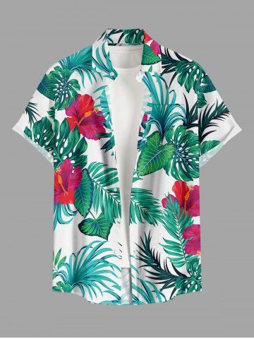 Plus Size Hibiscus Flowers Tropical Leaf Print Buttons Pocket Hawaii Shirt For Men - GREEN - 5XL