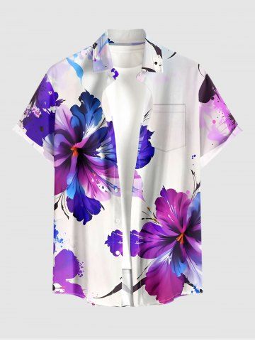 Plus Size Hibiscus Flower Print Hawaii Button Pocket Shirt For Men - PURPLE - L