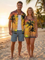 Ensemble hawaïen assorti chemise et barboteuse grande taille, imprimé coucher de soleil et cocotiers, pour couples - Orange Foncé 