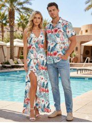 Ensemble de plage hawaïen assorti grande taille, motif flamant rose, perroquet, hibiscus et feuilles, pour couples - Bleu 