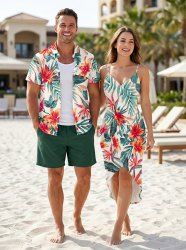 Flowers Leaf Tropical Print Plus Size Matching Hawaii Beach Outfit For Couples -  