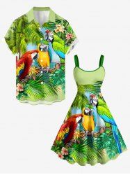 Ensemble de plage hawaïen assorti pour couples, imprimé feuilles tropicales et cocotier, grandes tailles - Vert 