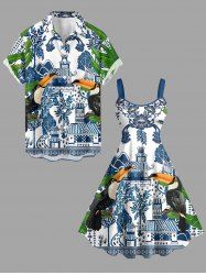 Toucans Tropical Leaf Blue and White Porcelain Style Print Matching Hawaii Beach Outfit For Couples -  