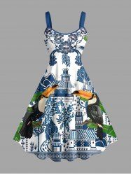 Plus Size Toucans Tropical Leaf Blue and White Porcelain Style Print Hawaii A Line Dress -  