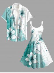 Ensemble de plage hawaïen assorti pour couples, imprimé aquarelle colorblock floral, grandes tailles - Turquoise Foncée 