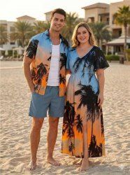 Tenue de plage hawaïenne assortie pour couples, imprimé crépuscule et cocotier ombré, grandes tailles - Bleu Ciel 